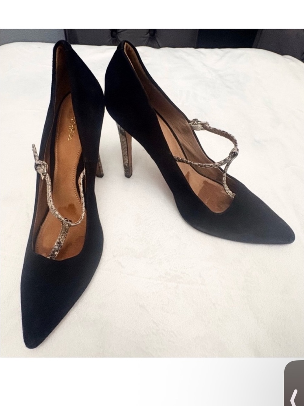 Coach Women's Black Suede Pointed Toe Pumps with Snake-Print Strap Size 9B